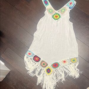 White Crochet Fringe Dress / cover up with Colorful Accents